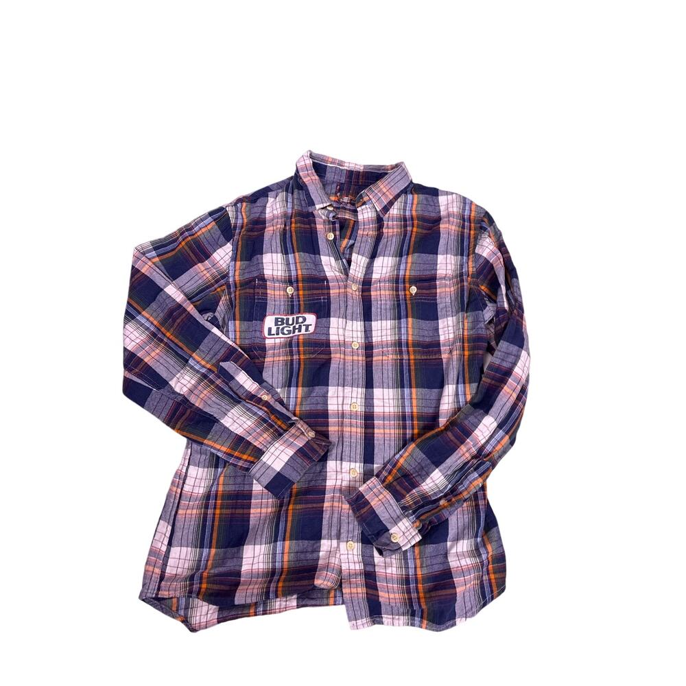 Vintage Bud Light Flannel Shirt Mens Medium Beer Logo Utility Button Blue Plaid